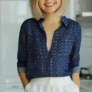 Billy T Ditsy Flower Linen Shirt Button Down Rolled Tab Sleeves Blue Small New